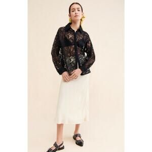 Cras Gina Lace Shirt Black Sheer Floral Lace Button Front Blouse EU 36